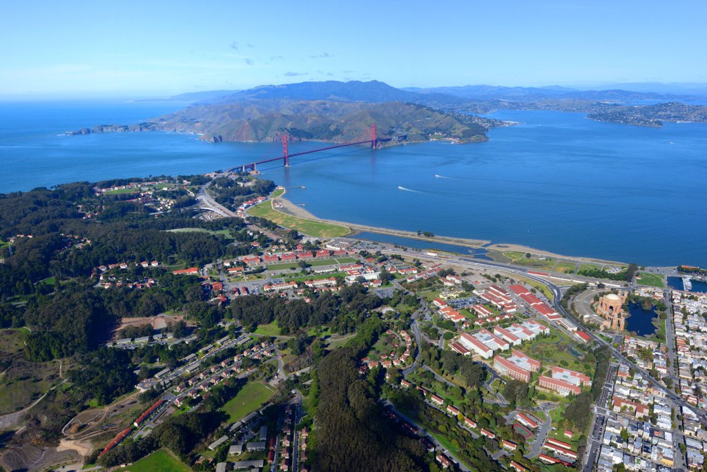 Aerial view of the Presidio of San Francisco and Golden Gate Bridge