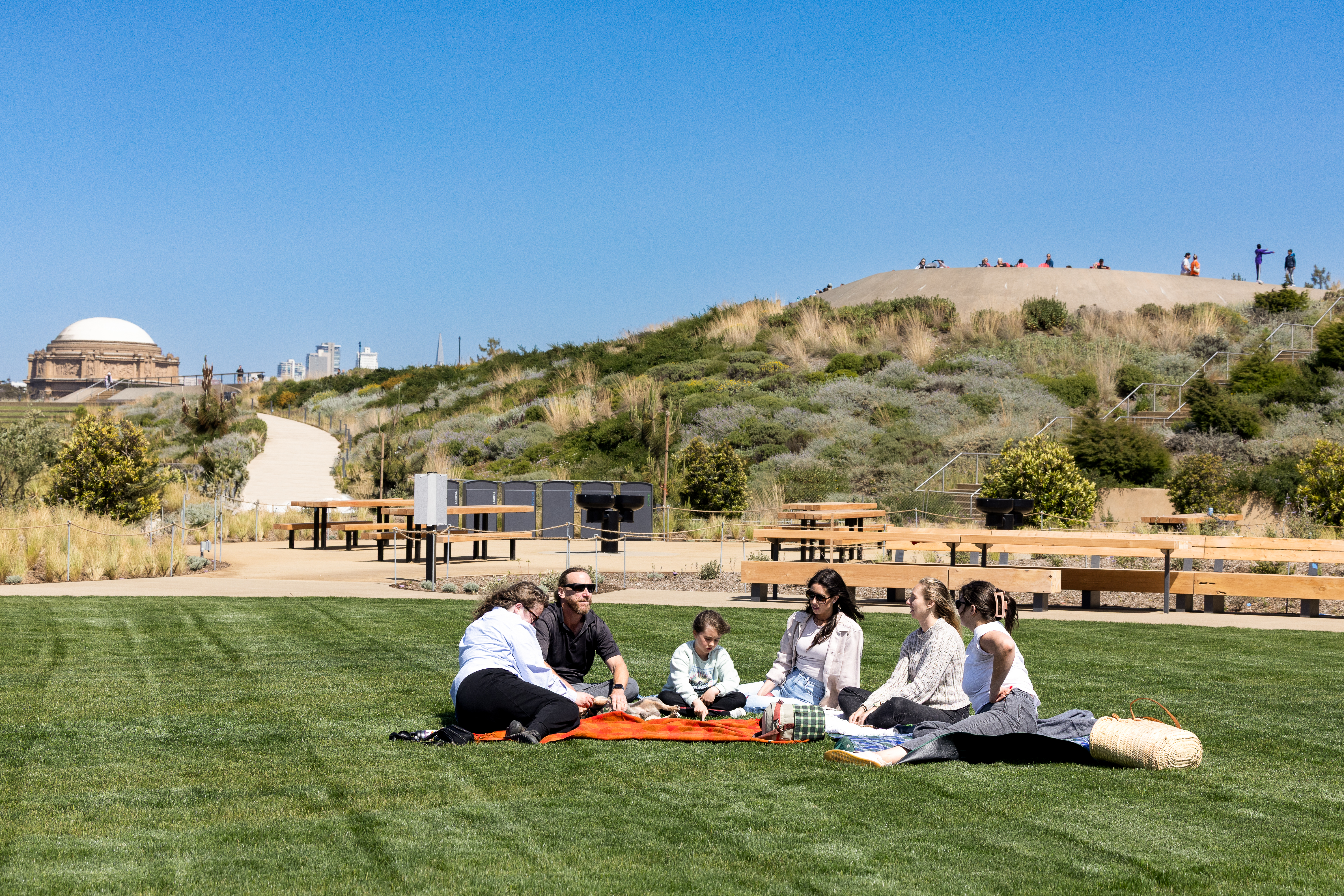 group of adults and one child having a picnic on the grass and Outpost Meadow with the Palace of Fine Arts in the background