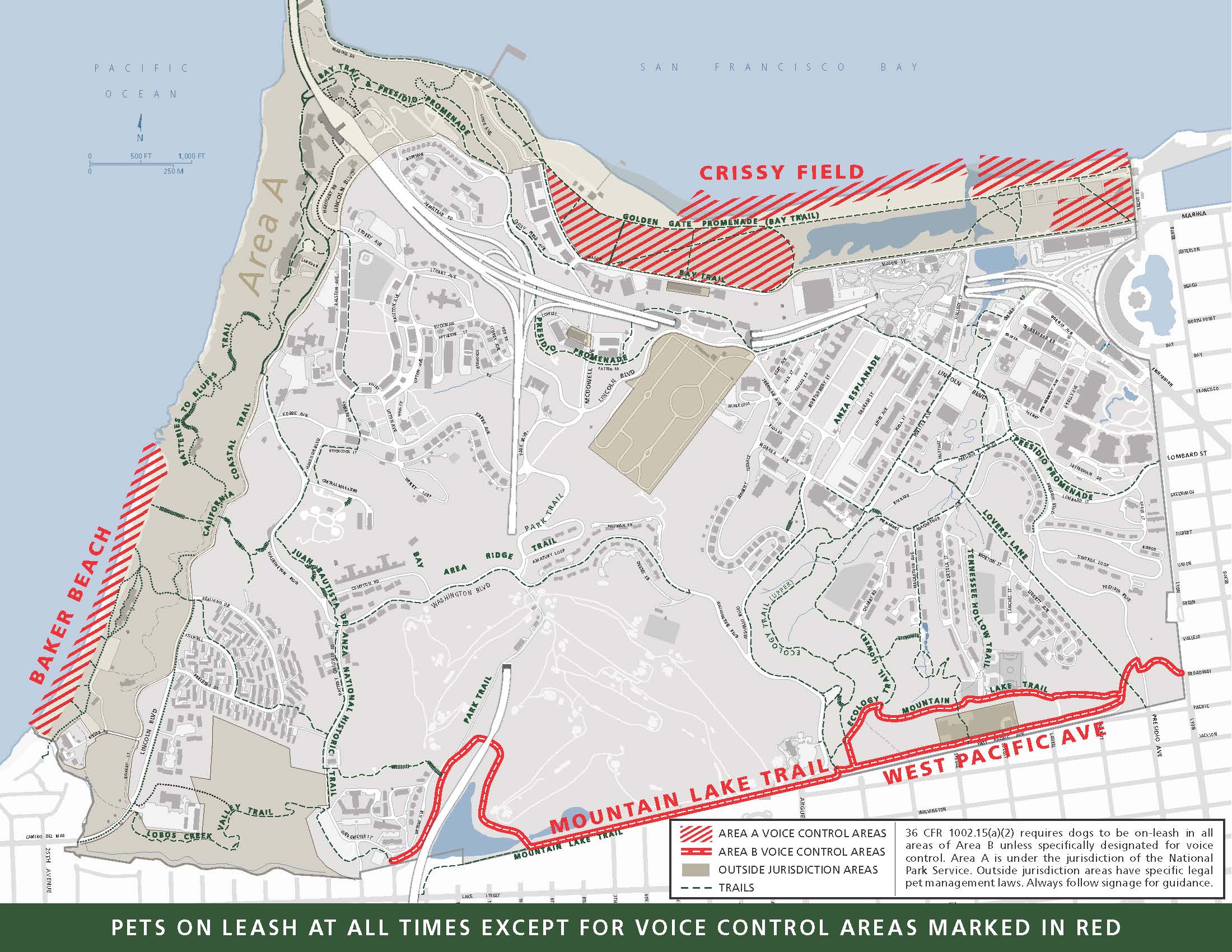 Map with voice control areas for dogs in the Presidio