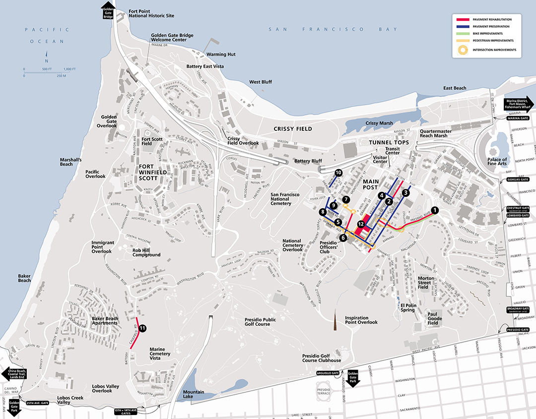 Map indicating places where road, bikeway, and sidewalk improvements will be made in 2025