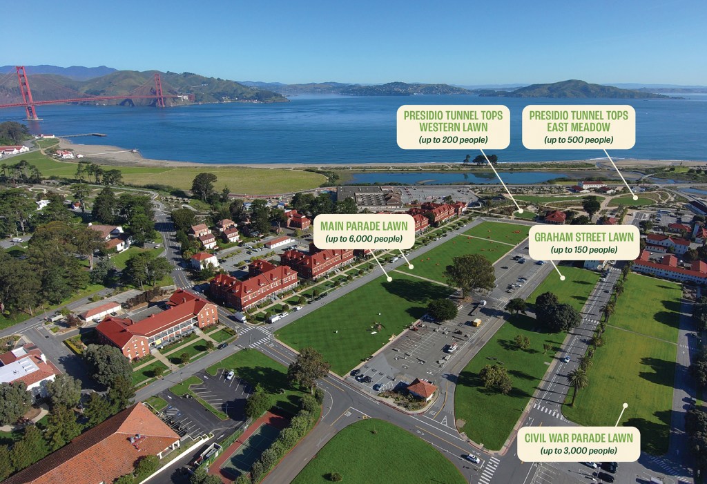 Image showing the location of five lawns available for rent in the Presidio.