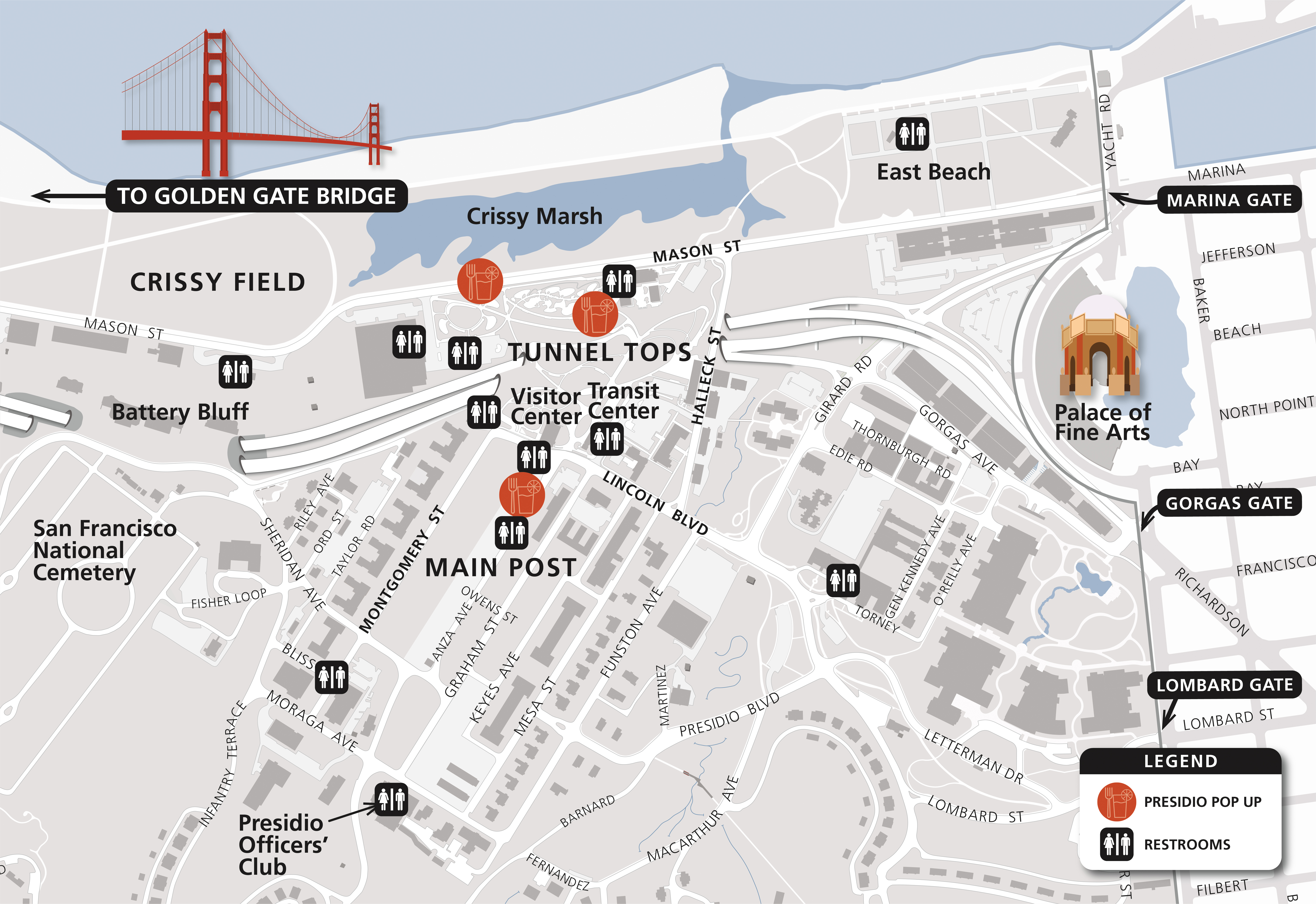 Map of Fourth of July restrooms in the Presidio