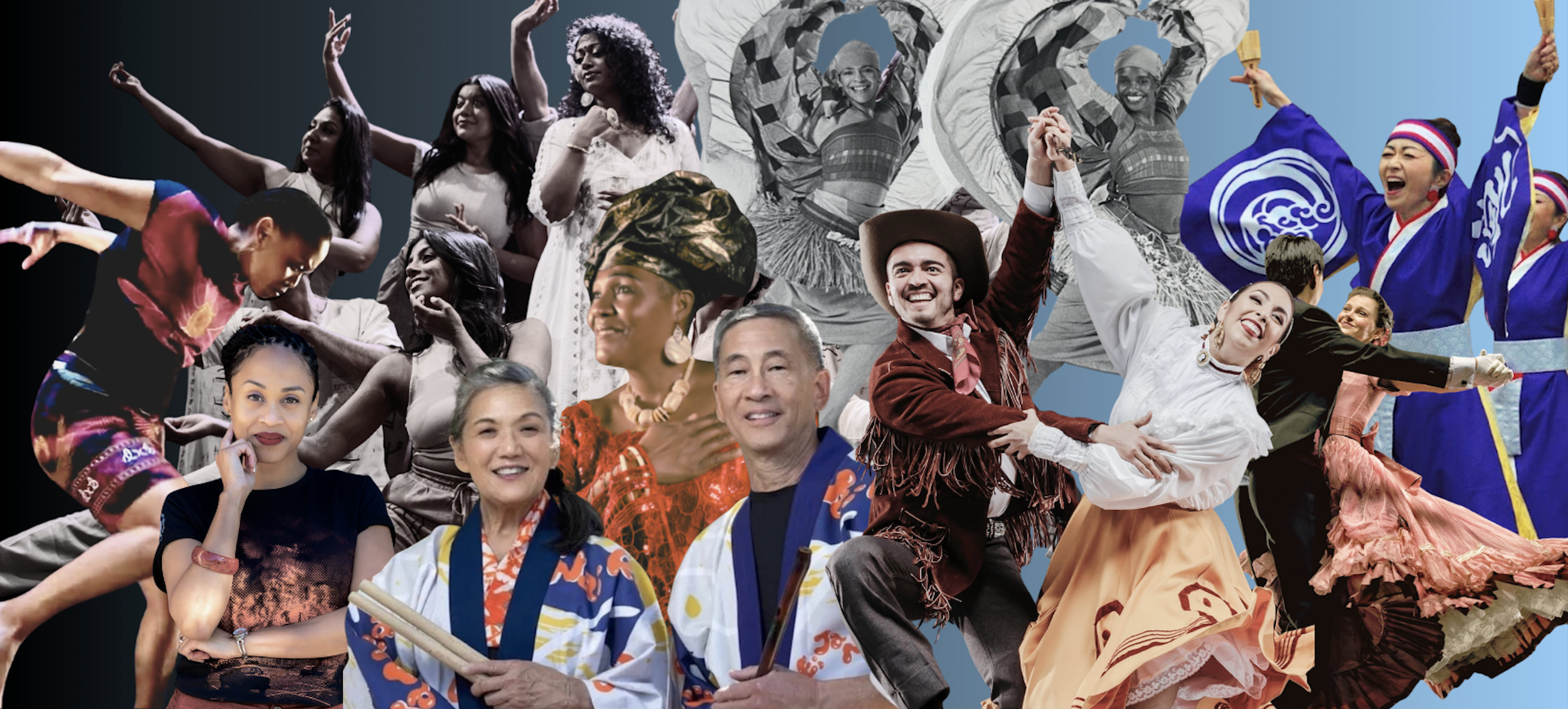 World Arts West Banner with performers faces across the artwork