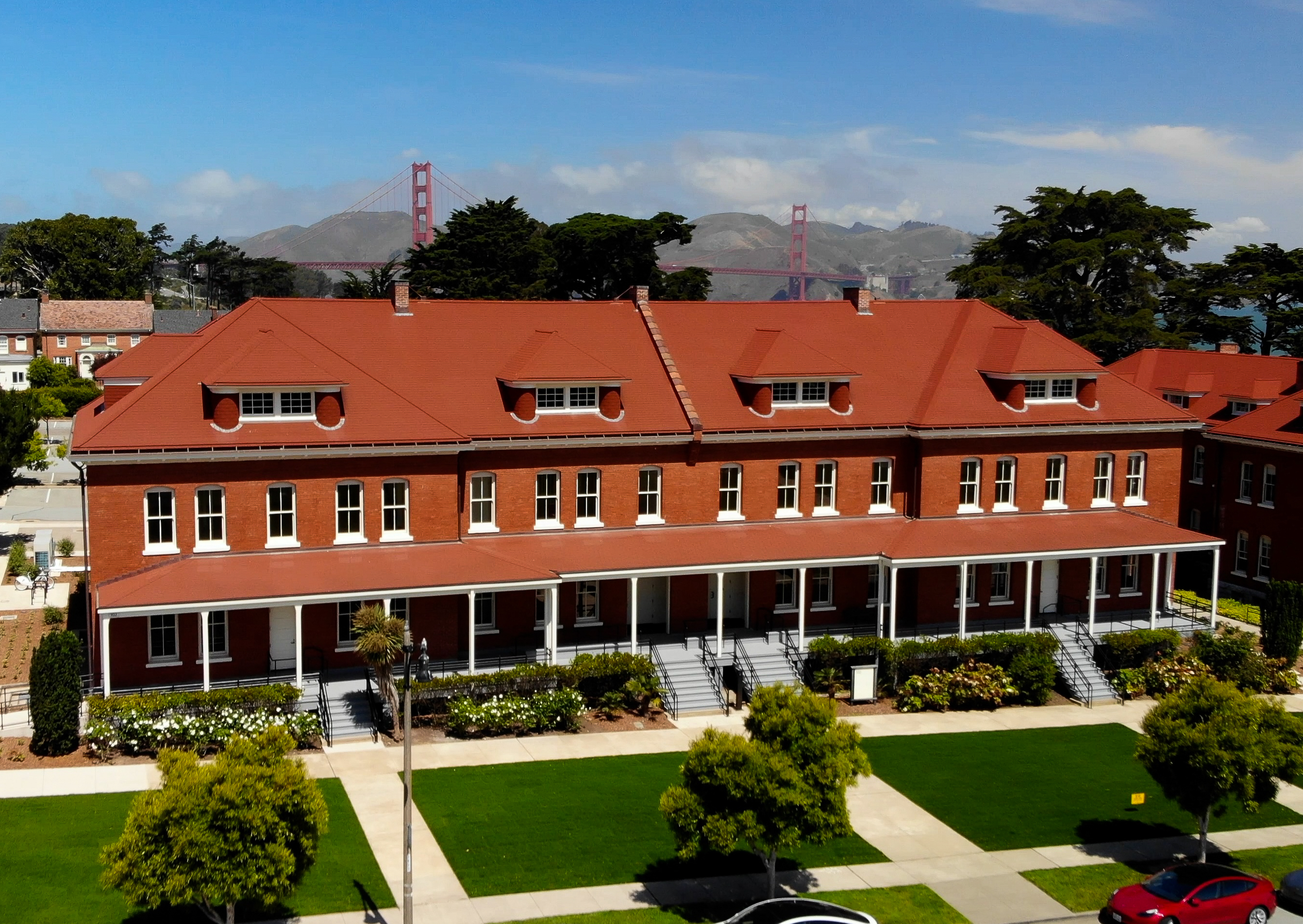 An historic red brick building.